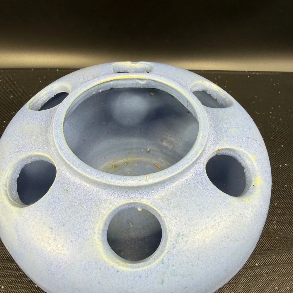 Antique Pale Blue Pottery Large Flower Frog 6-Hole Round Pottery Vase Vessel VTG